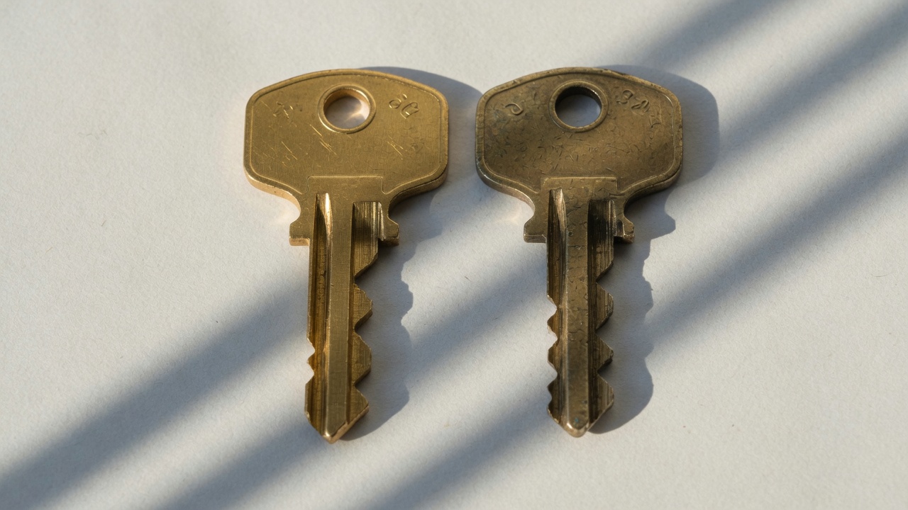 Two brass keys side by side on off-white paper, one freshly cut and one worn smooth