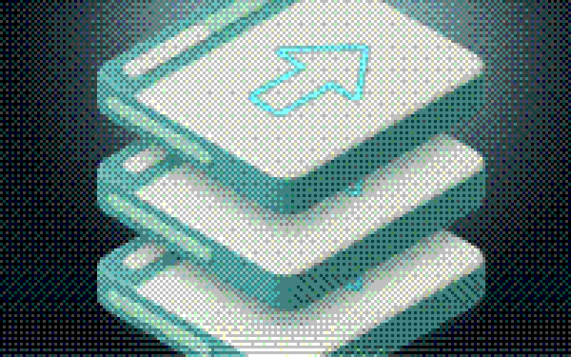 A staggered tower of isometric window slabs, a cursor arrow drawn on the top one