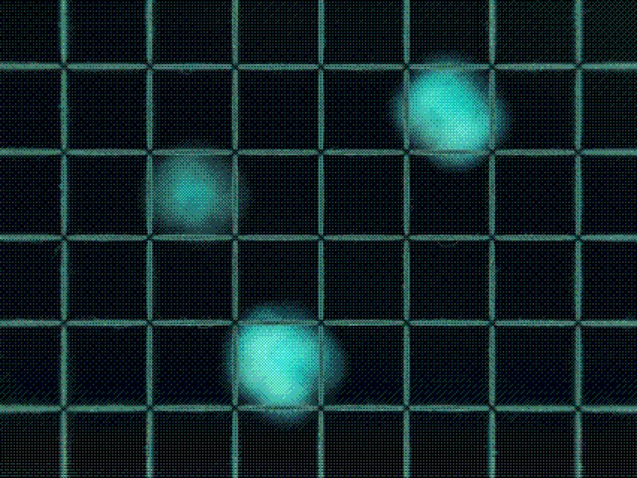 A teal grid on a dark ground with three cells glowing