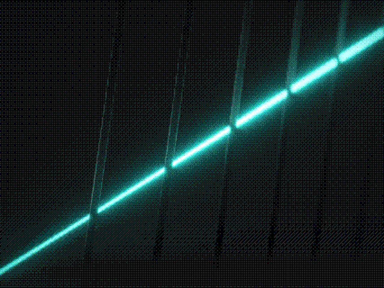A line of teal light cutting diagonally through dark vertical panels