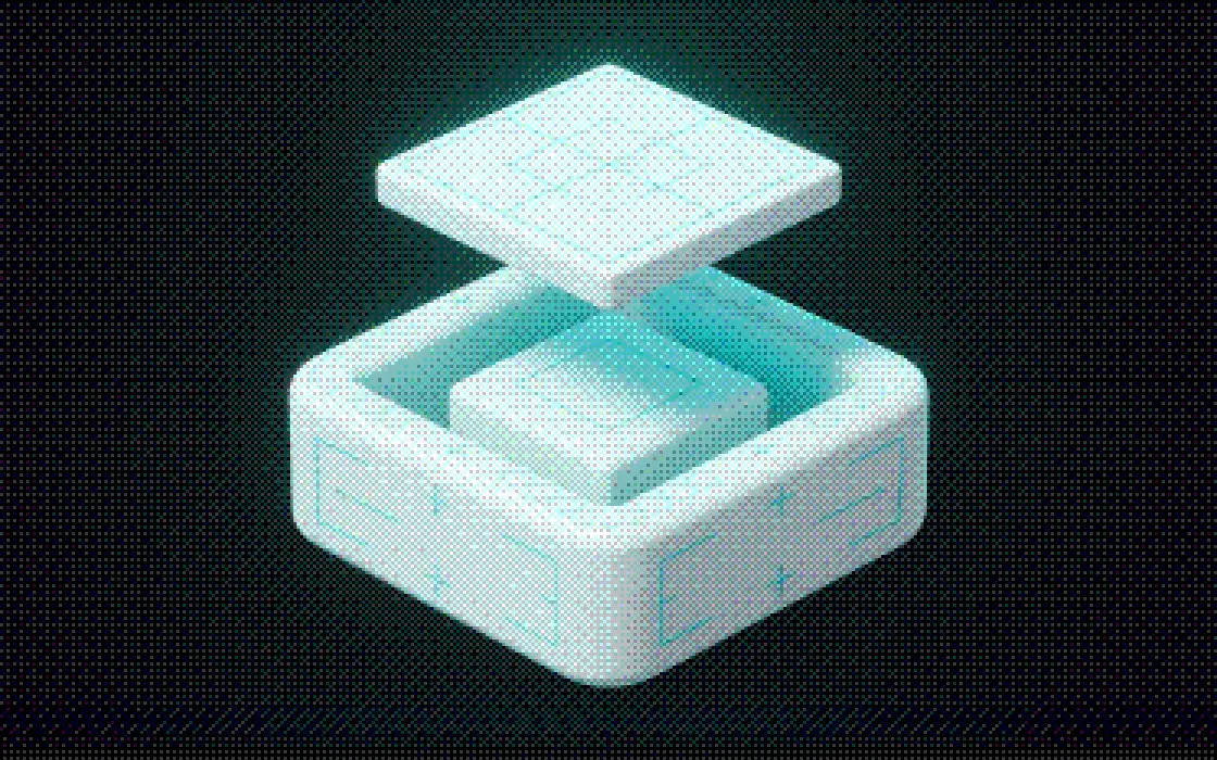 An isometric open box half filled with a solid block, a flat slab hovering level above its rim