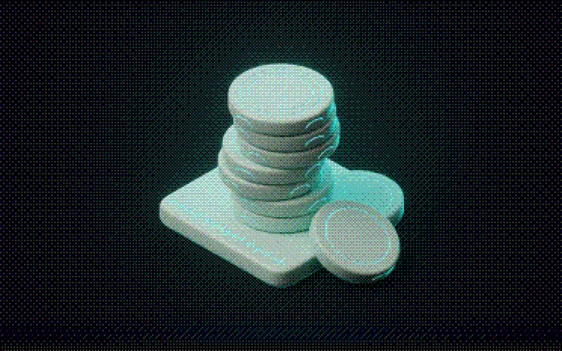 An isometric stack of thick round chips on a base plate, a segmented tick scale drawn along the plate