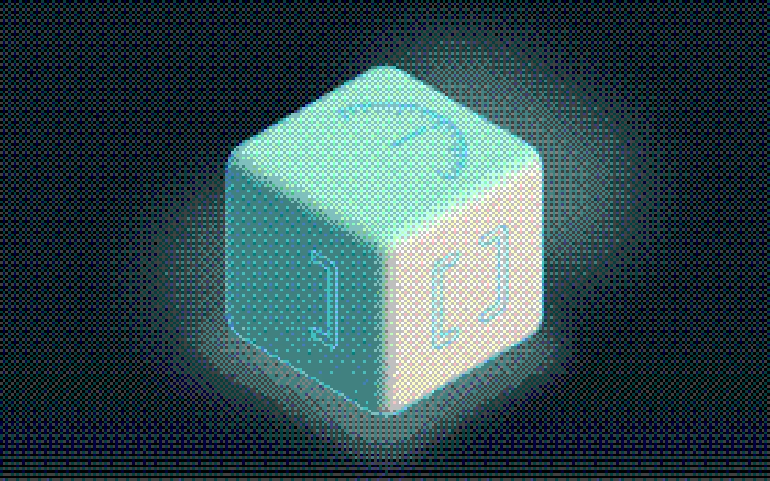 An isometric cube carrying a dial on its top face and a bracket on its front
