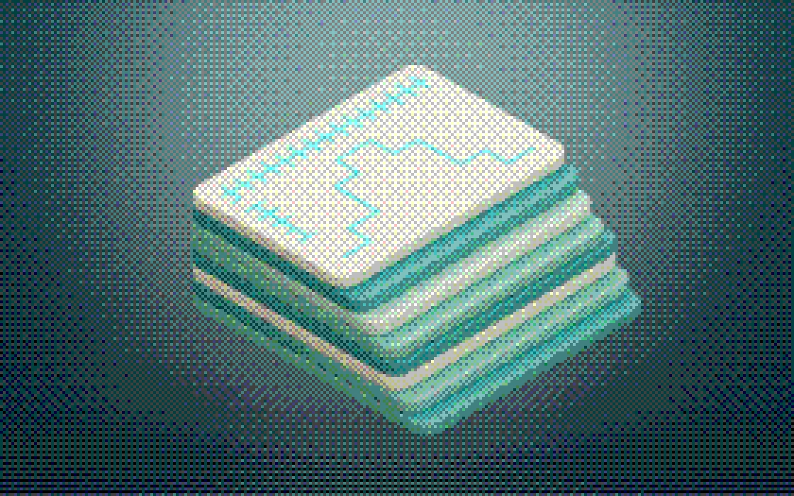 A stack of isometric plates fanned into a staircase, a step line drawn along the top